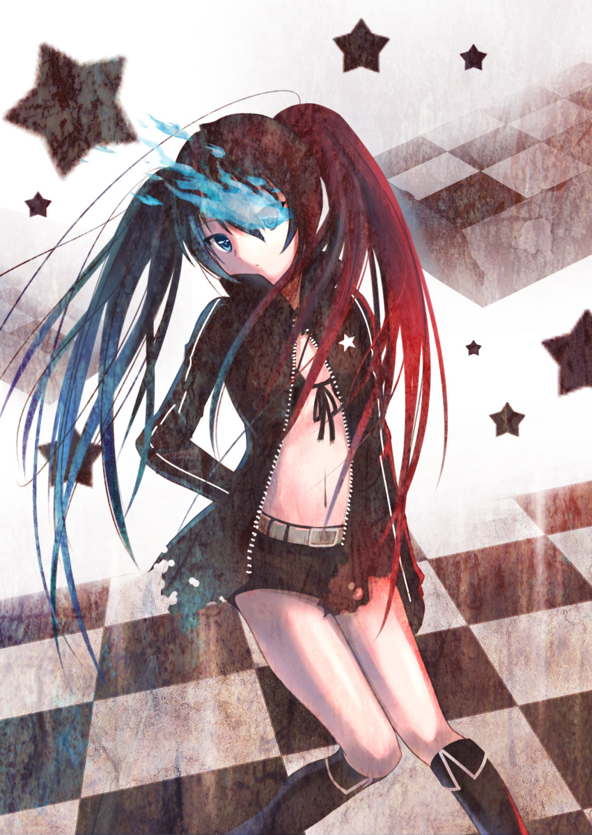 belt bikini bikini_top_only black_hair black_rock_shooter black_rock_shooter_(character) black_shorts blue_eyes boots commentary_request crazyodin female highres long_hair midriff navel no_shirt photoshop_(medium) shorts solo swimsuit twintails