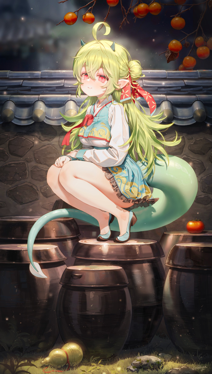 absurdres ahoge artist_name bare_legs bed_sheet branch breasts closed_mouth commentary commission dragon_girl dragon_horns dragon_tail english_commentary female frilled_skirt frills full_body garam_(ryeoubi) gourd grass green_footwear green_hair green_horns green_ribbons green_skirt green_tail green_vest hair_between_eyes hair_bun hair_ribbon hanbok hand_on_own_arm hand_on_own_thigh highres horns jacket jar korean_clothes light_particles long_hair long_sleeves looking_at_viewer medium_breasts multicolored_ribbon oohhya original outdoors pointy_ears red_eyes red_ribbon ribbon rock shoes single_hair_bun skirt small_horns smile solo squatting tail tiptoes toes tomato vest white_jacket