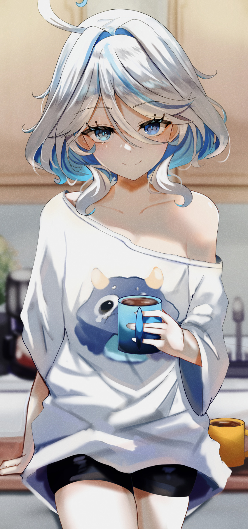 absurdres ahoge alternate_costume bimmy blubberbeast_(genshin_impact) blue_eyes blue_hair blurry blurry_background commentary contemporary cup female furina_(genshin_impact) genshin_impact hair_between_eyes heterochromia highres holding holding_cup light_blue_hair looking_at_viewer multicolored_hair shirt short_hair smile solo streaked_hair white_hair white_shirt