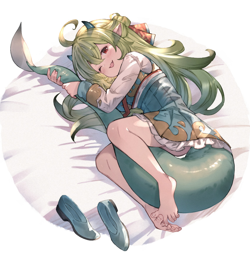 absurdres ahoge ayacho bare_legs barefoot bed_sheet blush bow commission dragon_girl dragon_horns dragon_tail feet female frilled_skirt frills full_body garam_(ryeoubi) green_bow green_footwear green_hair green_horns green_skirt green_tail green_vest hair_between_eyes hair_bun hairbow hanbok highres horns hugging_own_tail hugging_tail jacket korean_clothes korean_commentary long_hair long_sleeves looking_at_viewer lying mixed-language_commentary multicolored_bow on_bed on_side one_eye_closed open_mouth original pointy_ears red_bow red_eyes second-party_source shoes single_hair_bun skeb_commission skirt smile solo tail toes unworn_shoes vest white_jacket