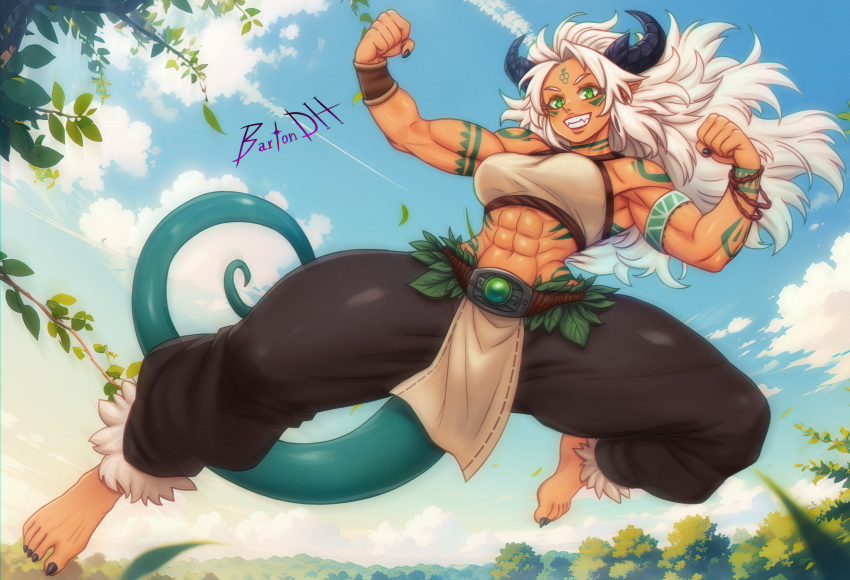 2024 abs artist_name barefoot bartondh belt biceps black_nails black_pants blue_sky breasts chinese_new_year clenched_hands cloud cloudy_sky detailed_knuckles dragon dragon_girl dragon_horns dragon_tail facial_tattoo feet female fingernails flexing forest fur-trimmed_legwear fur-trimmed_pants fur_trim gem green_gemstone high_jump highres horns jumping large_breasts leaf leaf_clothing loincloth long_hair looking_at_viewer looking_down messy_hair midriff monk monster_girl muscular muscular_female nail_polish nature navel new_year oerba_yun_fang original outdoors pants raised_fists rope_around_wrist sharp_toenails shiny_skin signature sky smile sports_bra sunset sword tail tan tattoo thick_thighs thighs toenail_polish toenails tree tribal_tattoo weapon western_dragon white_hair white_sports_bra wristband