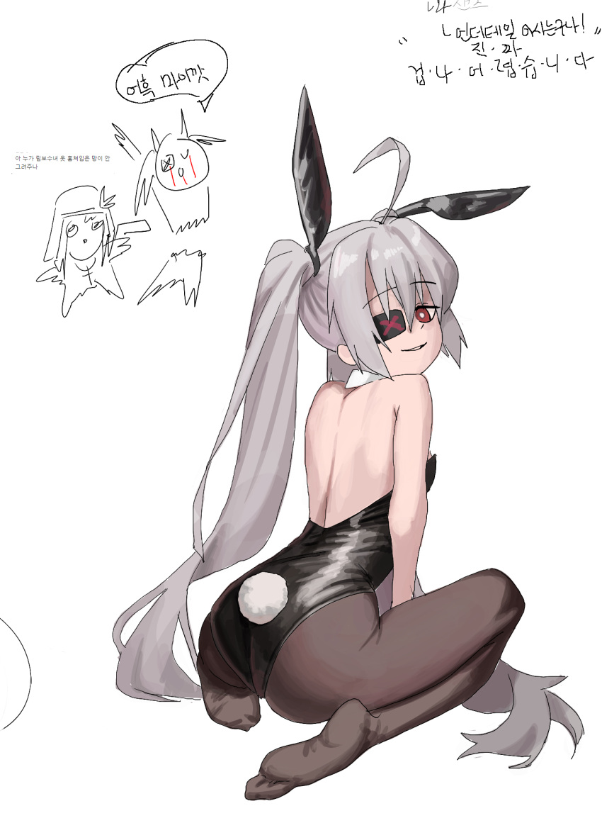 ahoge animal_ears ass back black_leotard bright_pupils djmax djmax_respect eyepatch fail_(djmax) fake_animal_ears female grey_hair highres korean_text leotard looking_at_viewer pantyhose parted_lips playboy_bunny rabbit_ears red_eyes simple_background sitting smile solo strapless strapless_leotard syc2159 twintails white_background white_pupils