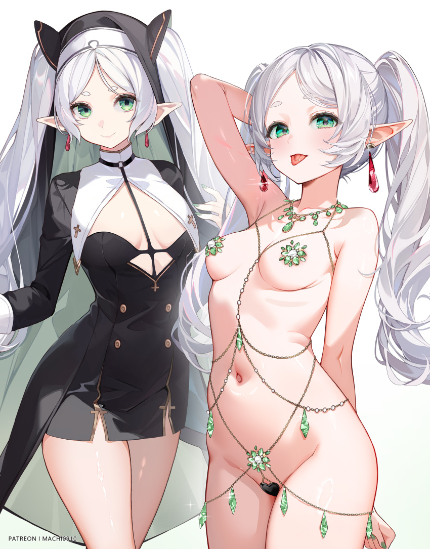 :p absurdres arm_behind_head belly_chain black_dress blush body_jewelry breasts breasts_out cleavage closed_mouth commentary_request dress drop_earrings earrings elf female fortune_bikini frieren gem green_eyes green_gemstone grey_hair habit heart_maebari highres jewelry long_hair looking_at_viewer machi_(7769) maebari naked_jewelry navel necklace nun paid_reward_available parted_bangs pasties patreon_username petite pointy_ears short_eyebrows small_breasts smile solo sousou_no_frieren stomach tongue tongue_out twintails venus_bikini white_background white_hair