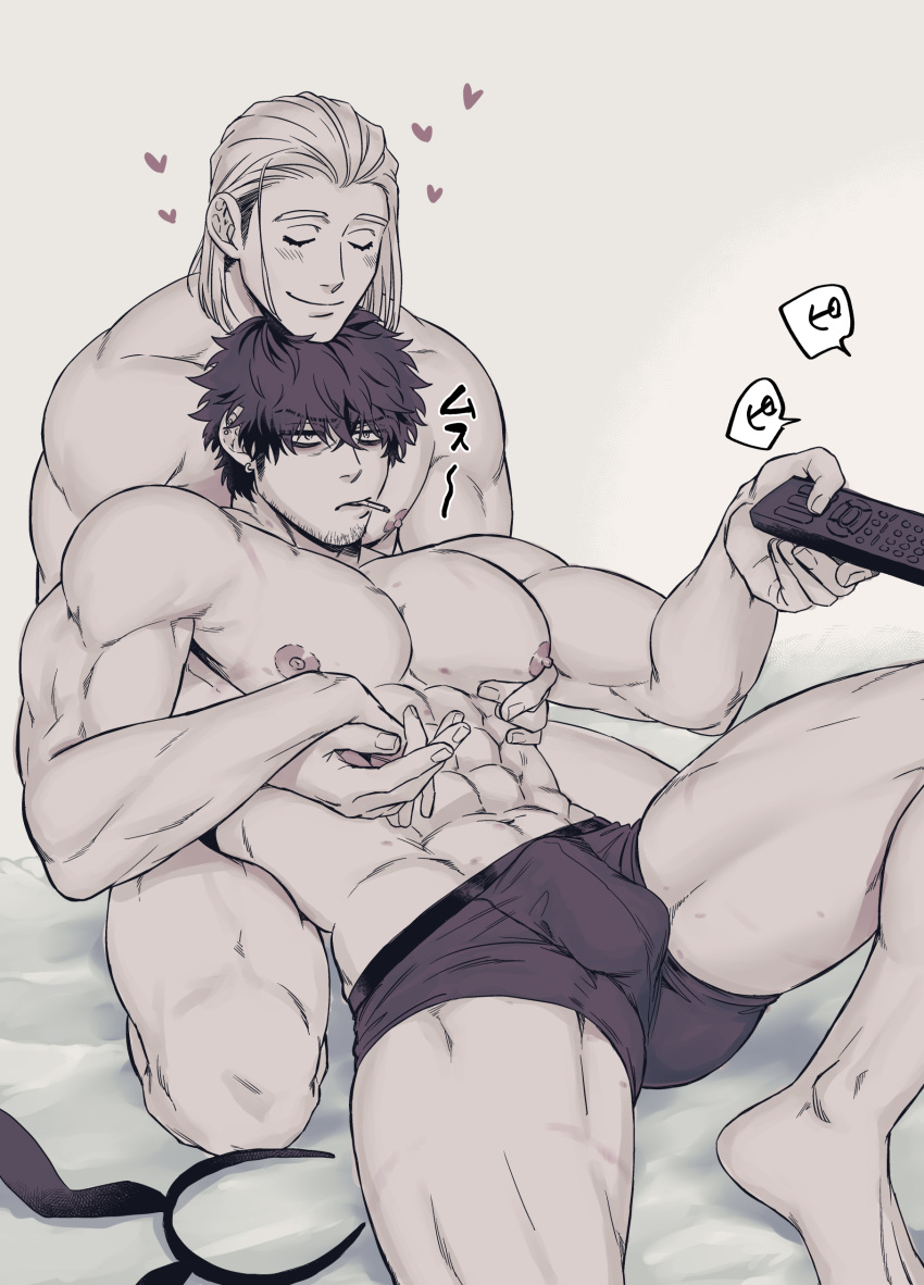 2boys abs absurdres animal_ears bara bed biceps blush bulge cigarette closed_eyes controller couple ear_piercing earrings facial_hair greyscale heart highres implied_yaoi jewelry large_pectorals long_hair male_focus male_swimwear manly mature_male monochrome multiple_boys muscular muscular_male nipples on_bed original pectorals piercing rabbit_ears short_hair simple_background smile spiked_hair spread_legs stubble swim_briefs thick_arms thick_thighs thighs undercut yomotsuki_road