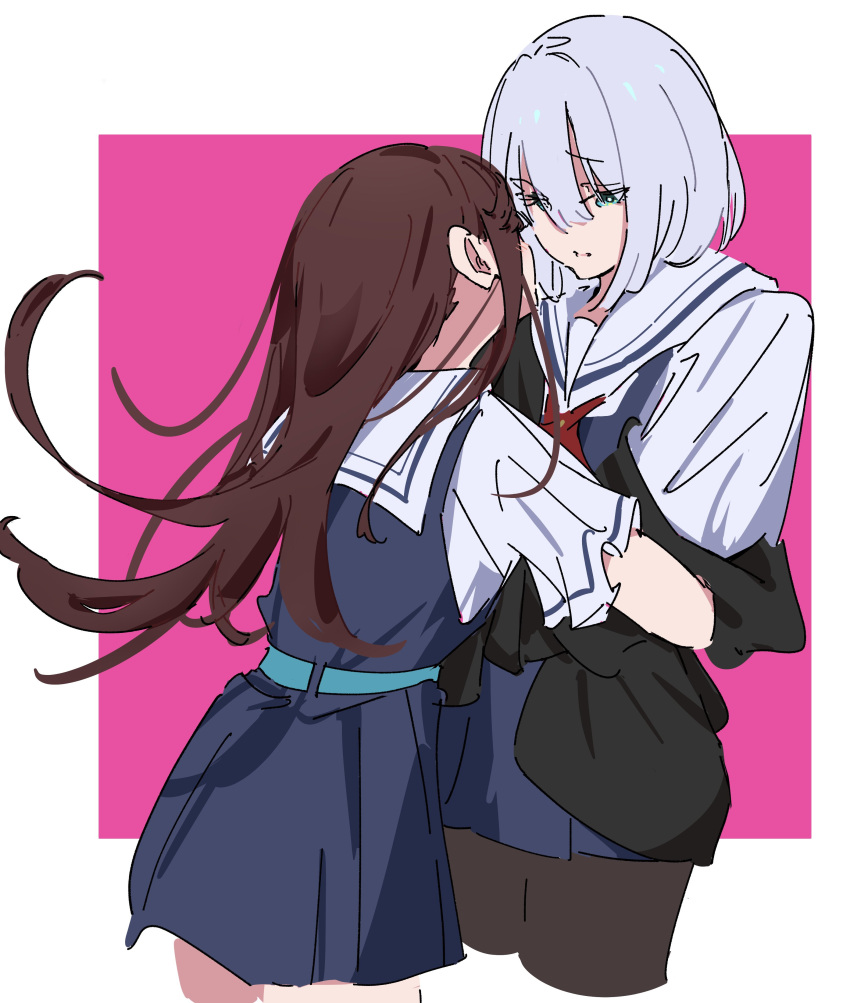 2girls absurdres after_kiss asaka_kaori atenaba belt black_jacket black_pantyhose blue_dress blue_eyes blush brown_hair commentary cowboy_shot dress highres hoshikawa_shizuku hug jacket kimi_to_tsuzuru_utakata long_hair medium_hair multiple_girls neckerchief off_shoulder pantyhose parted_lips pink_background red_neckerchief sailor_collar saliva saliva_trail school_uniform serafuku short_sleeves two-tone_background white_background white_hair white_sailor_collar yuri