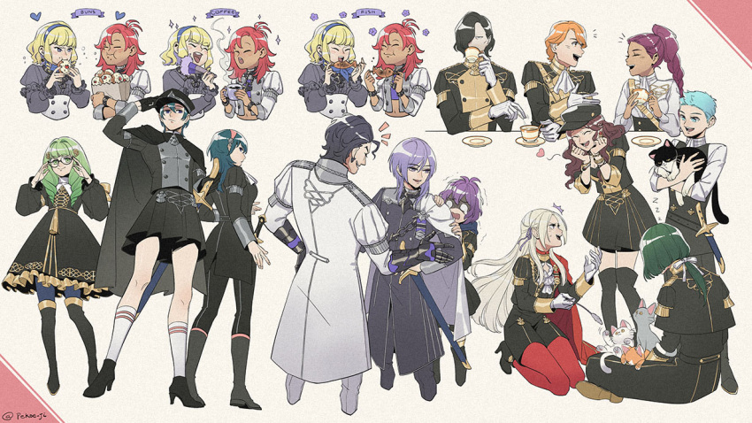 6+boys 6+girls ahoge animal balthus_von_albrecht bernadetta_von_varley black_hair blonde_hair blue_hair boots bracelet braid braided_ponytail breasts brown_hair byleth_(female)_(fire_emblem) byleth_(fire_emblem) byleth_(male)_(fire_emblem) caspar_von_bergliez closed_eyes coffee coffee_mug constance_von_nuvelle crossdressing crossed_legs cup dagger dorothea_arnault dress eating edelgard_von_hresvelg english_text feline ferdinand_von_aegir fire_emblem fire_emblem:_three_houses flayn_(fire_emblem) full_body garreg_mach_monastery_uniform glasses gloves green_hair hair_between_eyes hapi_(fire_emblem) hat headband heart high_heels holding holding_animal hubert_von_vestra jewelry kneehighs knife linhardt_von_hevring long_hair long_sleeves medium_breasts medium_hair miniskirt mug multiple_boys multiple_girls open_mouth orange_hair pantyhose pekoe-ji petra_macneary purple_hair red_hair sheath sheathed short_hair sitting skirt smile socks sword tea teacup teeth thigh_boots tongue trembling twin_braids twitter_username weapon white_hair yuri_leclerc