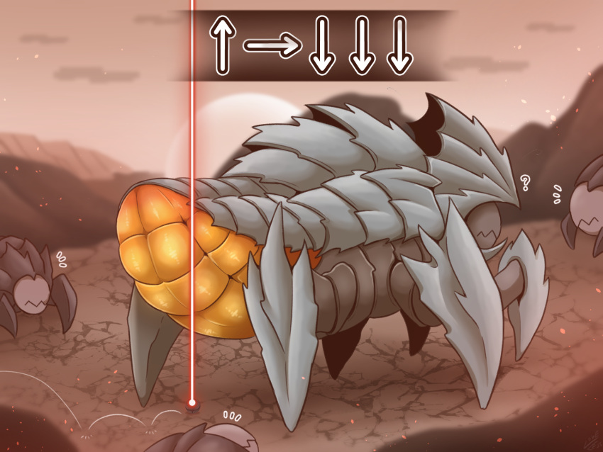 4:3 alternate_version_at_paywall ambiguous_gender arrow_sign arthropod belly bomb charger_(helldivers) day detailed_background explosives feral grey_shell group helldivers hi_res orange_belly outside question_mark shell terminid vavacung