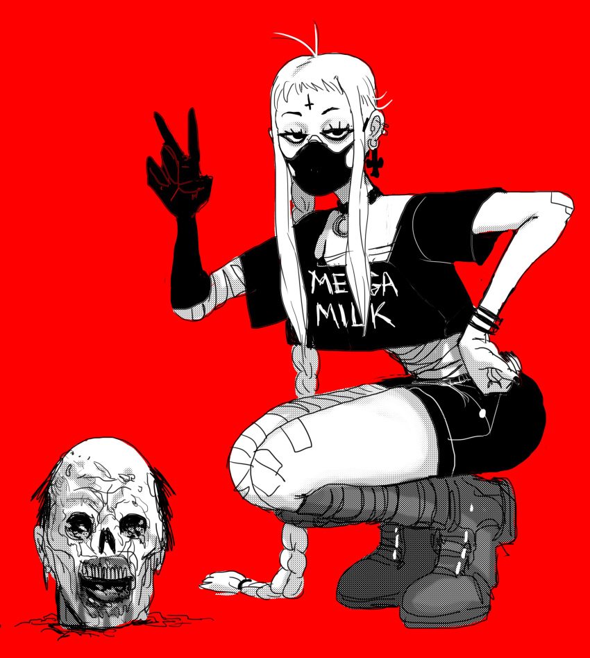 absurdres bandages boots braid check_copyright copyright_request cross earrings female gloves highres inverted_cross jewelry long_hair looking_at_viewer makeup mask mouth_mask orbitaldropkick original red_background short_shorts shorts single_glove worm zombie