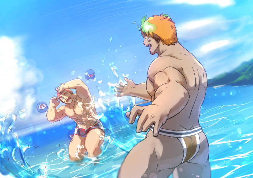 2boys abs animal_ears ass bara blue_sky blush brown_hair bulge cloud couple eye_black facial_hair fiery_horns forked_eyebrows glowing_horns goatee horns katoributa_a large_pectorals male_focus male_swimwear multiple_boys muscular muscular_male nipples outdoors pectorals short_hair sky smile splashing swimsuit tamamura_gunzo thick_thighs thighs tokyo_afterschool_summoners topless_male wakan_tanka wakan_tanka_(fashionista_swimsuit) water waves yaoi