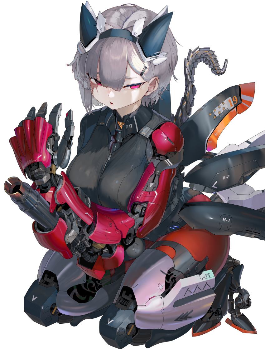 absurdres arm_cannon armor black_armor black_shirt breasts cable dragon_girl female grey_armor grey_hair highres horns hydraulic_press joints large_breasts led mechanical_arms mechanical_horns mechanical_legs mechanical_tail mechanical_wings multicolored_armor original red_armor red_eyes robot_joints shirt short_hair squatting tail weapon white_hair wings yunimaru