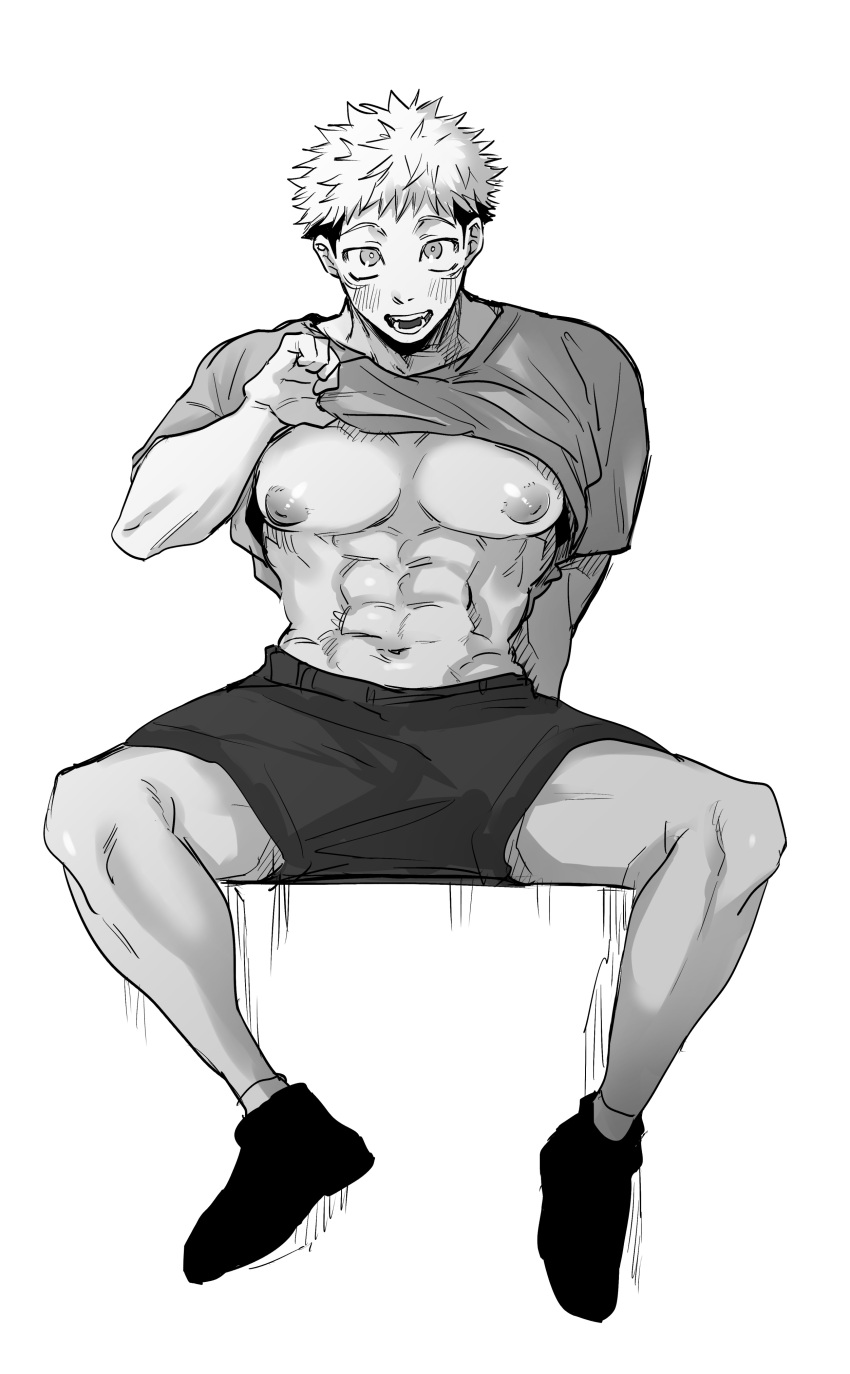 1boy 2990mnb abs absurdres bara bare_pectorals blush clothes_lift facial_mark greyscale highres itadori_yuuji jujutsu_kaisen large_pectorals looking_at_viewer male_focus monochrome muscular muscular_male navel nipples open_mouth pectorals shirt shirt_lift short_hair shorts smile solo