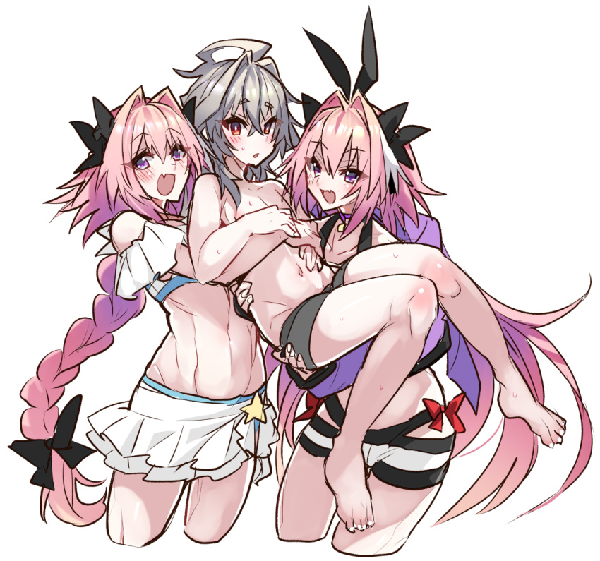 3boys :d androgynous astolfo_(fate) astolfo_(saber)_(fate) astolfo_(sparkling_frills)_(fate) bikini black_bow blush bow braid carrying carrying_person cropped_legs crossed_bangs eyelashes fate/apocrypha fate/grand_order fate_(series) frilled_bikini frilled_skirt frills full_body grey_hair grey_male_swimwear hair_between_eyes hair_intakes hairbow haoro linea_alba long_hair male_focus male_swimwear medium_hair multicolored_hair multiple_boys navel oerba_yun_fang open_mouth otoko_no_ko pink_hair purple_eyes red_bow sieg_(fate) simple_background single_braid skin_fang skirt smile streaked_hair striped_underwear sweatdrop swimsuit very_long_hair white_background white_hair