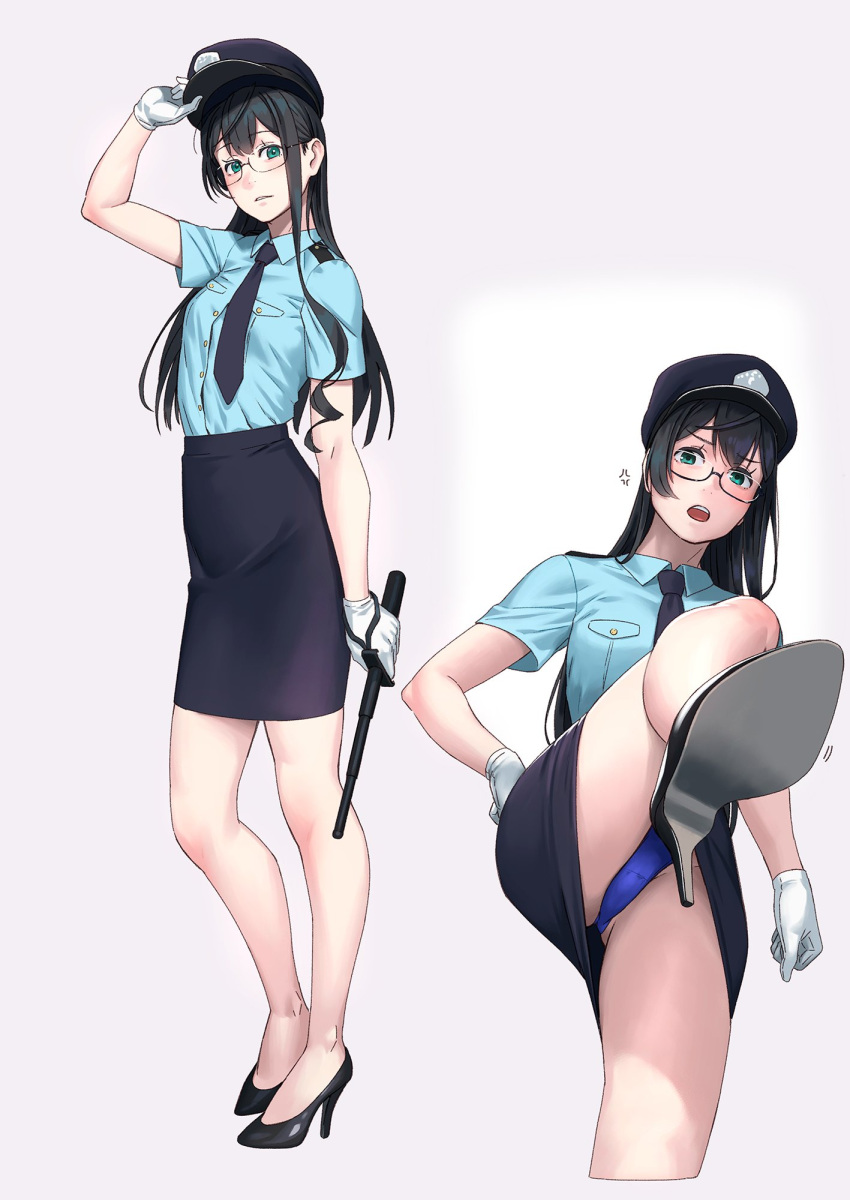 alternate_costume anger_vein black_footwear black_hair black_skirt blue_panties blue_shirt breasts commentary_request female full_body glasses gloves hat highres holding holding_baton kantai_collection leg_up looking_at_viewer multiple_views necktie ooyodo_(kancolle) open_mouth panties pantyshot peaked_cap pencil_skirt police police_hat police_uniform policewoman shirt short_sleeves simple_background skirt standing standing_on_one_leg underwear white_gloves yuuji_(and)