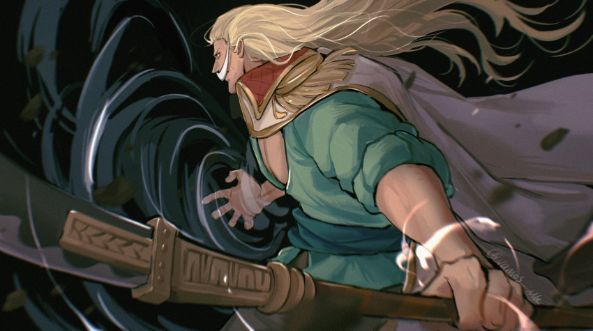 1boy aged_down blonde_hair cape closed_mouth cowboy_shot debris edward_newgate epaulettes facial_hair from_side gold_trim green_sash green_shirt highres holding holding_polearm holding_weapon long_hair long_mustache male_focus moustache multiple_girls muscular muscular_male naginata one_piece partially_unbuttoned pectoral_cleavage pectorals polearm sash shirt shockwave signature solo vamos_mk weapon white_cape