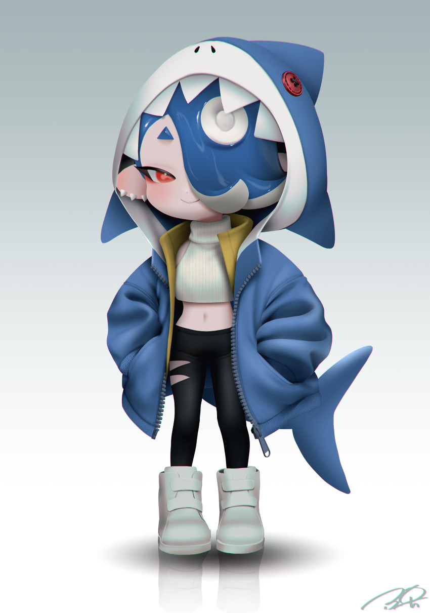 absurdres alternate_costume animal_hood black_leggings blue_hair blue_jacket blush cephalopod_eyes chromatic_aberration closed_mouth commentary crop_top earrings fake_tail female fins fish_tail full_body groin hair_over_one_eye hands_in_pockets highres hood hood_up hooded_jacket horizontal_pupils jacket jewelry leggings midriff multiple_earrings navel no_lineart octoling one_eye_covered pink_pupils puchiman red_eyes shark_hood shark_tail shirt shiver_(splatoon) short_hair signature sleeveless sleeveless_turtleneck smile solo splatoon_(series) splatoon_3 standing suction_cups symbol-only_commentary tail tentacle_hair tooth_earrings torn_clothes torn_leggings turtleneck white_footwear white_shirt zipper zipper_pull_tab