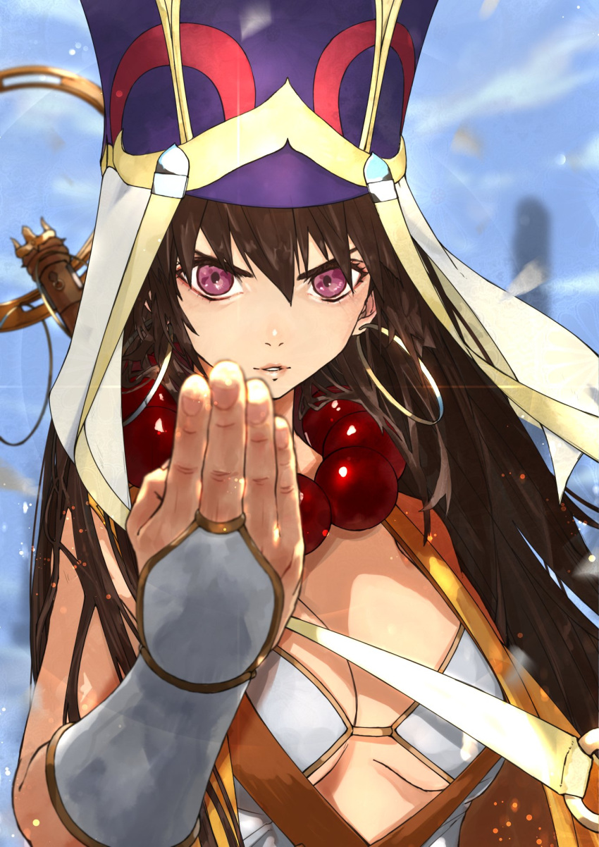 bead_necklace beads bikini bikini_top_only blurry blurry_background breasts bridal_gauntlets brown_hair cleavage commentary_request earrings fate/grand_order fate_(series) female hat headpiece highres hoop_earrings jewelry kdm_(ke_dama) large_breasts long_hair looking_at_viewer necklace prayer_beads purple_eyes shakujou sky staff swimsuit vest white_bikini xuangzang_sanzang_(fate) yellow_vest