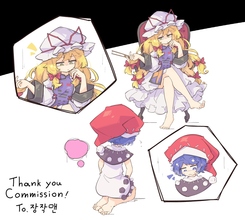 2girls absurdres barefoot blonde_hair blue_eyes blue_hair chair doremy_sweet dress folding_fan hair_ribbon hand_fan hat highres holding holding_fan long_hair mob_cap multiple_girls primsla purple_tabard ribbon seiza sitting tabard touhou white_dress yakumo_yukari yellow_eyes