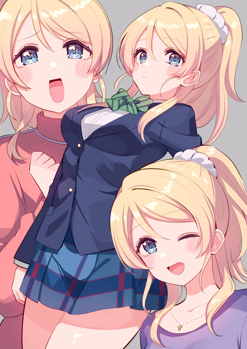 absurdres ayase_eli birthday blonde_hair blue_eyes blush breasts commentary cream_(nipakupa) female grey_background high_ponytail highres jacket jewelry large_breasts long_hair looking_at_viewer love_live! love_live!_school_idol_project multiple_views necklace one_eye_closed otonokizaka_school_uniform school_uniform scrunchie track_jacket upper_body white_scrunchie