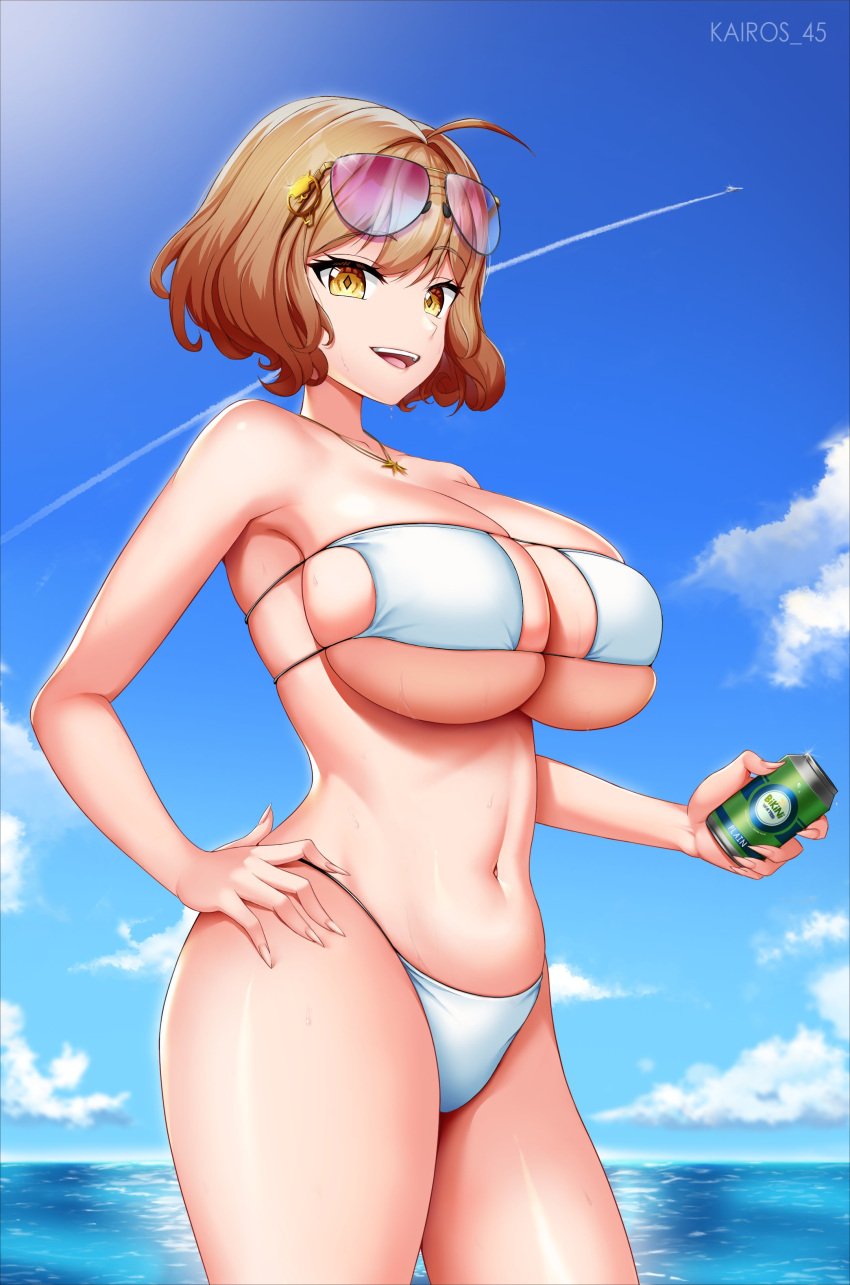 absurdres ahoge anis_(nikke) anis_(sparkling_summer)_(nikke) breasts brown_hair can cleavage collarbone covering_nipples covering_privates drink_can eyewear_on_head female goddess_of_victory:_nikke highres jewelry kairos_45 large_breasts looking_at_viewer necklace official_alternate_costume outdoors pink-tinted_eyewear short_hair smile soda_can solo sunglasses sweat tinted_eyewear water wet yellow_eyes