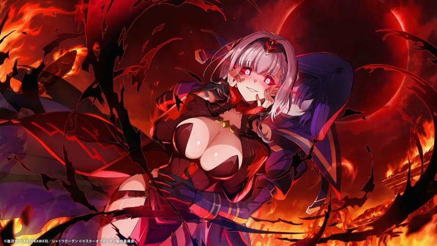 armored_gloves aura bare_shoulders beta_(kage_no_jitsuryokusha_ni_naritakute!) black_hairband black_sclera breasts burning burning_building colored_sclera corruption dark_aura dark_persona eclipse fingerless_gloves game_cg gloves glowing glowing_eyes hairband hand_on_another's_shoulder hand_on_another's_stomach highres illusion kage_no_jitsuryokusha_ni_naritakute! kage_no_jitsuryokusha_ni_naritakute!_master_of_garden large_breasts light_smile long_hair looking_at_viewer multicolored_hair red_sky shadow_(cid_kagenou) shirt sky wide_hips yandere