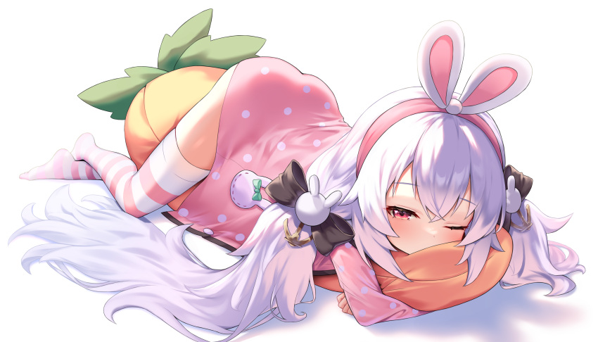 absurdres animal_ear_hairband animal_ears azur_lane black_bow body_pillow bow carrot-shaped_pillow commentary covered_mouth crossed_ankles fake_animal_ears female hair_ornament hairband hairbow highres laffey_(azur_lane) laffey_(sleep_to_clean_another_day)_(azur_lane) long_hair looking_at_viewer low_twintails lying messy_hair no_shoes on_stomach one_eye_closed pajamas pillow pink_hairband pink_pajamas polka_dot polka_dot_pajamas rabbit_ear_hairband rabbit_ears rabbit_hair_ornament red_eyes seori shadow sidelocks simple_background solo striped_clothes striped_thighhighs thighhighs thighs twintails very_long_hair white_background white_hair white_thighhighs