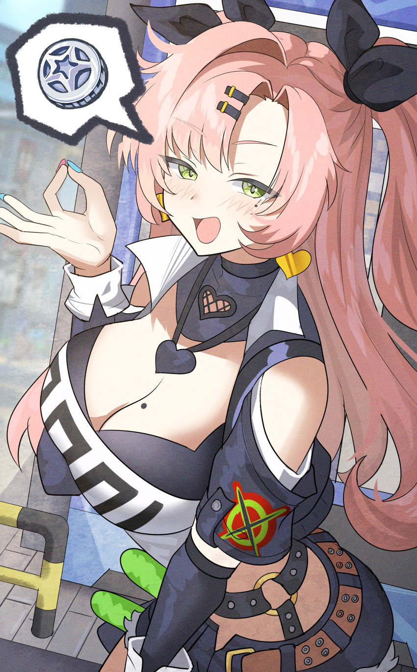 absurdres black_jacket blush breasts coin female green_eyes hair_ornament hair_ribbon hairclip highres jacket large_breasts looking_at_viewer nicole_demara ok_sign pink_hair ribbon shorts smile solo standing sysen thinking twintails zenless_zone_zero