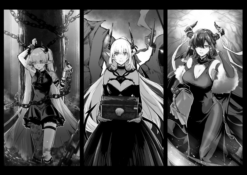 3girls absurdres arknights arm_over_head arm_up bare_shoulders breasts chained chained_sarkaz_girl chains character_request cleavage commentary_request cuffs dress eye_trail eyes_visible_through_hair feet_out_of_frame fur_(clothing) greyscale hair_over_one_eye hand_up hatching_(texture) highres holding horns large_breasts light_particles light_trail linear_hatching long_dress long_hair looking_at_viewer monochrome multiple_girls one_eye_covered open_mouth pointy_ears qalaisa_(arknights) short_dress single_leg_pantyhose sleeveless sleeveless_dress smile standing tearing_up tears thigh_strap utsuke very_long_hair