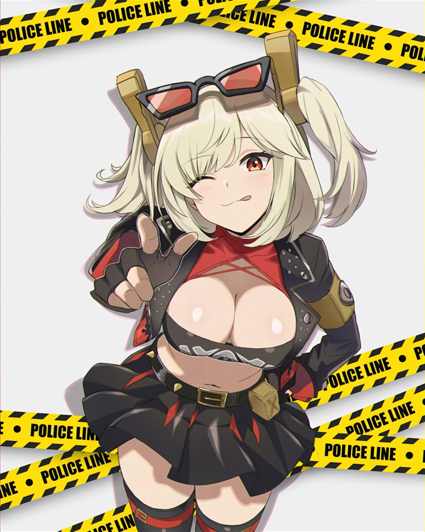 :p bad_id bad_pixiv_id belt black_belt black_gloves black_skirt breasts burnice_white cleavage closed_mouth commentary cowboy_shot eyewear_on_head female fingerless_gloves gloves hair_between_eyes hand_on_own_hip highres jacket large_breasts light_blush navel one_eye_closed open_clothes open_jacket pointing pointing_at_viewer red-tinted_eyewear red_eyes revision saint_laurent_paris sidelocks skirt smile solo spiked_belt sunglasses tinted_eyewear tongue tongue_out zenless_zone_zero