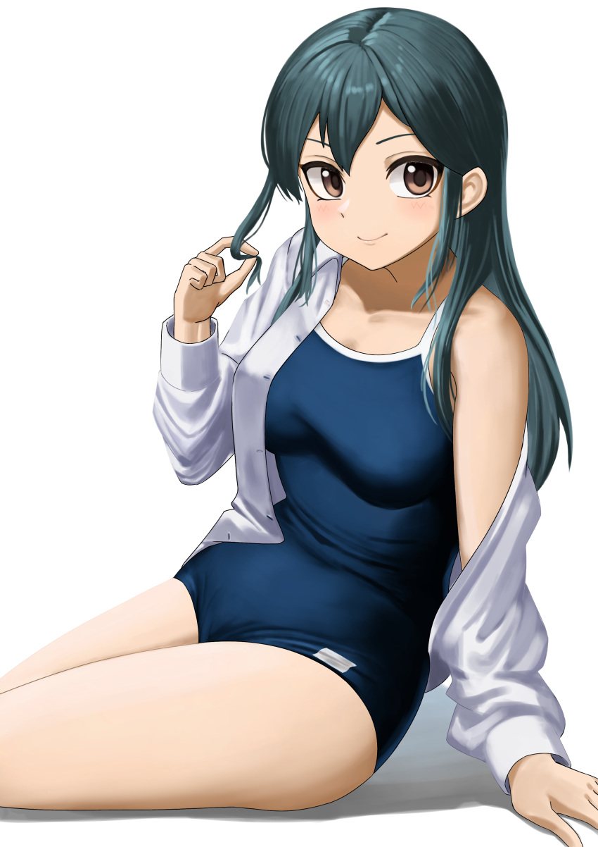 absurdres black_hair blue_one-piece_swimsuit breasts brown_eyes competition_school_swimsuit cowboy_shot female highres idolmaster idolmaster_cinderella_girls long_hair medium_breasts mitsumi_neguchi ohishi_izumi one-piece_swimsuit open_clothes open_shirt playing_with_hair school_swimsuit shirt simple_background sitting smile solo swimsuit white_background white_shirt yokozuwari