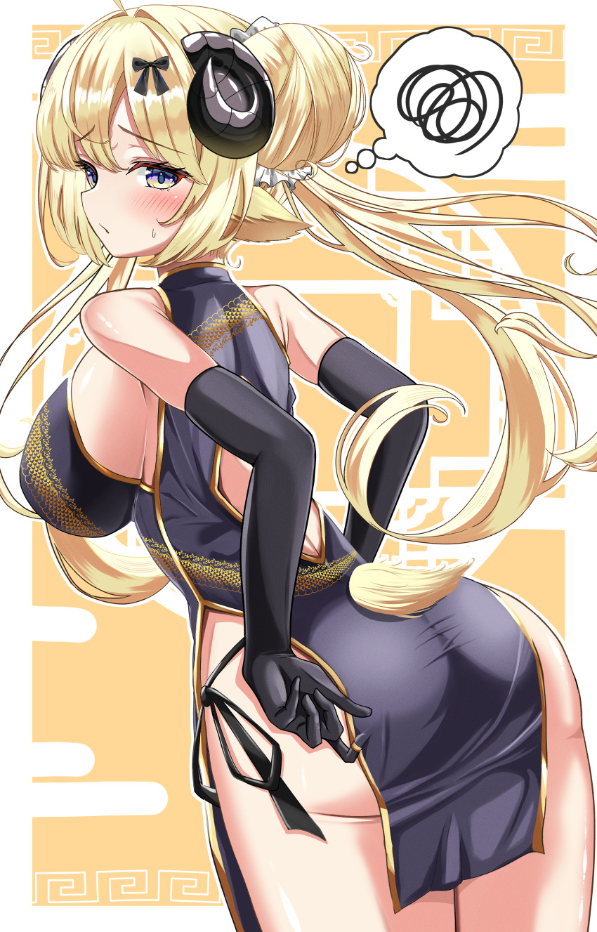 :i absurdres ahoge back_cutout black_bow black_dress blonde_hair blush bow breasts china_dress chinese_clothes cleavage clothing_cutout colored_skin detached_sleeves dragon_print dress furrowed_brow highres hololive horns inokeiwd large_breasts pale_skin sheep_horns skin_tight spoken_squiggle squiggle sweatdrop tsunomaki_watame yellow_background yellow_eyes