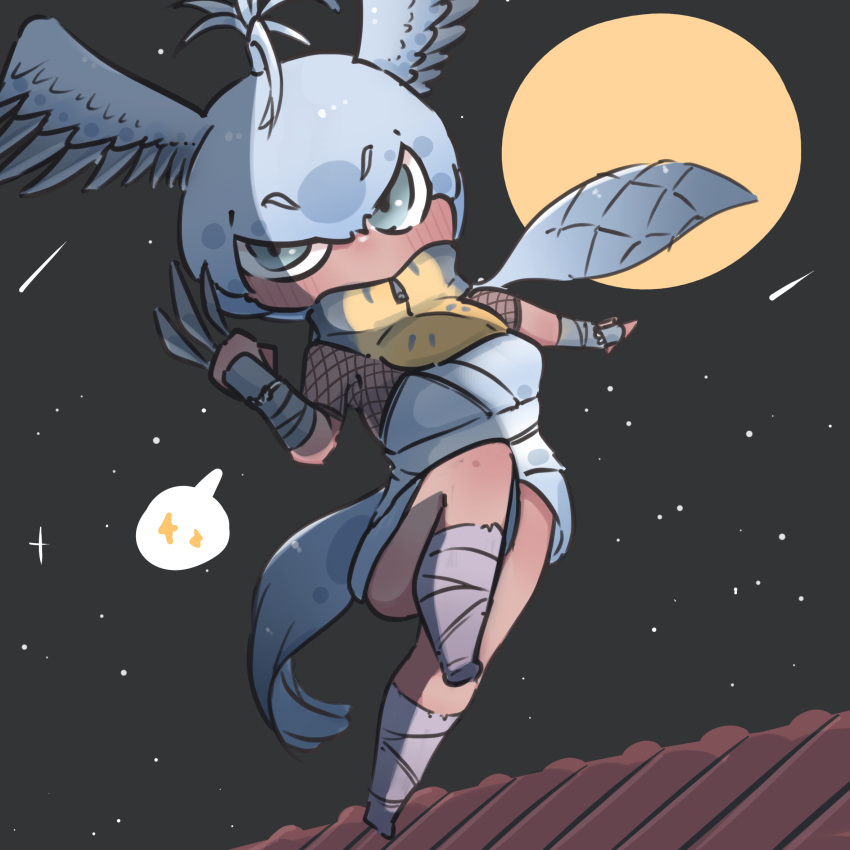 belt bird_girl bird_tail bird_wings chai_chai_huishi dark-skinned_female dark_skin female fishnet_top fishnets full_moon gauntlets green_eyes grey_hair grey_kimono grey_scarf hair_between_eyes head_wings highres japanese_clothes kemono_friends kimono knife leg_wrap moon night night_sky ninja obi rooftop sash scarf shoebill_(ex)_(kemono_friends) short_hair short_kimono short_sleeves sidelocks sky solo spoken_sparkle tail throwing_knife two-tone_scarf weapon white_belt wings yellow_scarf