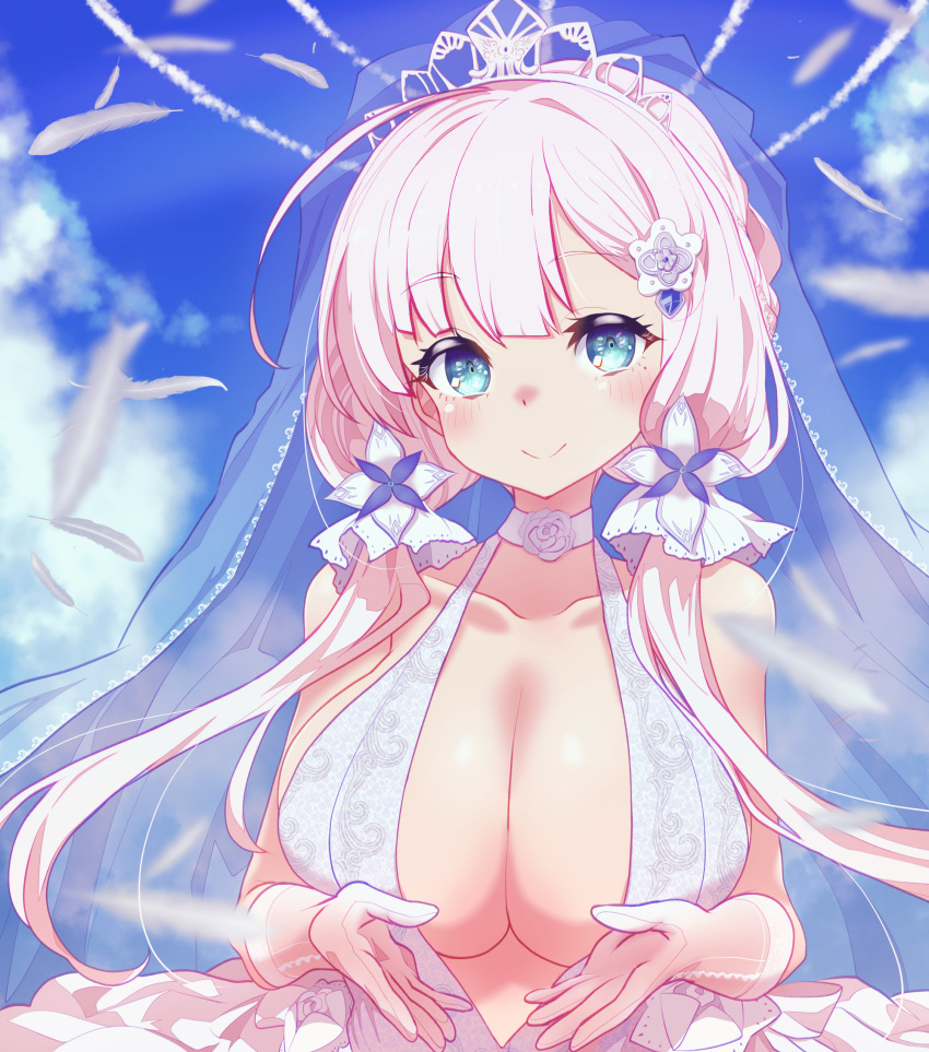 arbiter1 azur_lane blue_eyes blue_sky blush breasts bridal_veil bride cleavage cleavage_cutout clothing_cutout cloud cloudy_sky collarbone crown dress feathers female flower frilled_dress frills gloves hair_flower hair_ornament highres illustrious_(azur_lane) illustrious_(morning_star_of_love_and_hope)_(azur_lane) large_breasts long_hair low_twintails neck_ribbon parted_bangs print_dress ribbon sky smile solo twintails veil wedding_dress white_dress white_gloves