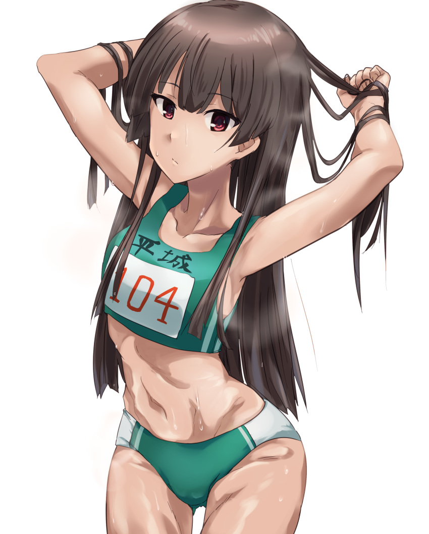 abs absurdres arms_up bare_shoulders blunt_bangs brown_hair buruma closed_mouth collarbone commentary_request cowboy_shot female green_buruma hair_flowing_over highres hime_cut juujou_hiyori long_hair looking_at_viewer mashitono_desu navel race_bib red_eyes solo standing stomach sweat toji_no_miko white_background