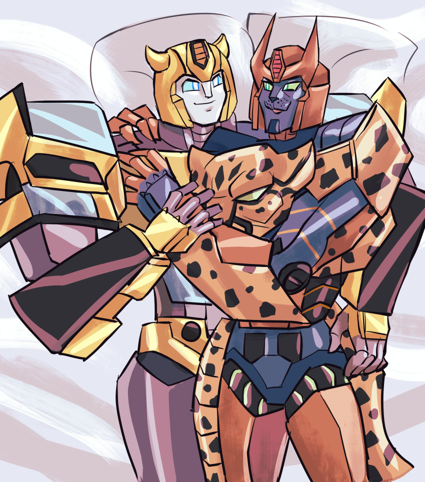 absurd_res anthro bed blue_eyes bumblebee_(transformers) cheetah cheetor cuddling cybertronian duo felid feline furniture green_eyes hand_over_shoulder hasbro hi_res humanoid jigyerr2 looking_at_another machine male male/male mammal pillow resunke robot robot_anthro robot_humanoid romantic romantic_couple spots takara_tomy transformers transformers:cyberverse