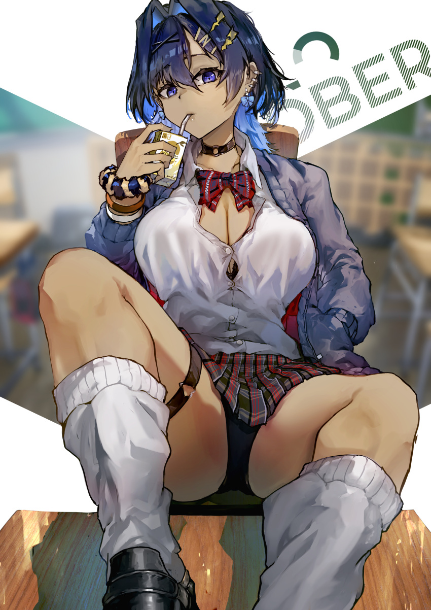 absurdres alternate_costume black_choker black_footwear black_panties blue_cardigan blue_eyes blue_hair bow bow_earrings bowtie bracelet breasts cardigan choker cleavage collared_shirt commentary dress_shirt drinking drinking_straw earrings english_commentary feet_on_table female gyaru hair_between_eyes hair_intakes hair_ornament hand_in_pocket highres holding_juice_box hololive hololive_english jewelry large_breasts loafers long_hair looking_at_viewer loose_socks multiple_piercings o-ring o-ring_choker open_cardigan open_clothes ouro_kronii panties pantyshot partially_unbuttoned plaid_clothes plaid_skirt pleated_skirt red_bow red_bowtie revision school_uniform scrunchie shirt shoes sitting skirt socks solo thigh_strap underwear virtual_youtuber vyragami white_shirt white_socks wrist_scrunchie x_hair_ornament