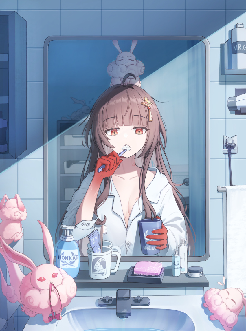 absurdres ahoge animal_on_head bar_soap bathroom blunt_bangs breasts brown_hair brushing_teeth cleavage collared_shirt colored_extremities colored_skin commentary_request cup diamond-shaped_pupils diamond_(shape) faucet female fuyuan_(honkai:_star_rail) highres holding holding_cup holding_toothbrush honkai:_star_rail honkai_(series) indoors korean_commentary lingsha_(honkai:_star_rail) long_hair long_sleeves lotion messy_hair mirror on_head pla0658 red_eyes red_hands red_skin reflection reflection_focus shampoo_bottle shelf shirt sidelocks sink soap_bottle solo symbol-shaped_pupils tile_wall tiles toothbrush toothbrush_in_mouth toothpaste upper_body white_shirt