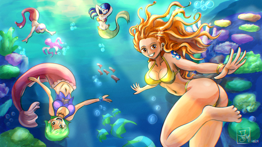 4girls air_bubble ass bikini breasts brown_eyes bubble camie_(one_piece) cleavage coral_reef earrings fish highres jewelry large_breasts looking_at_viewer mermaid metalytar monster_girl multiple_girls nami_(one_piece) navel octopus one_piece open_mouth orange_hair smile swimming swimsuit tattoo underwater