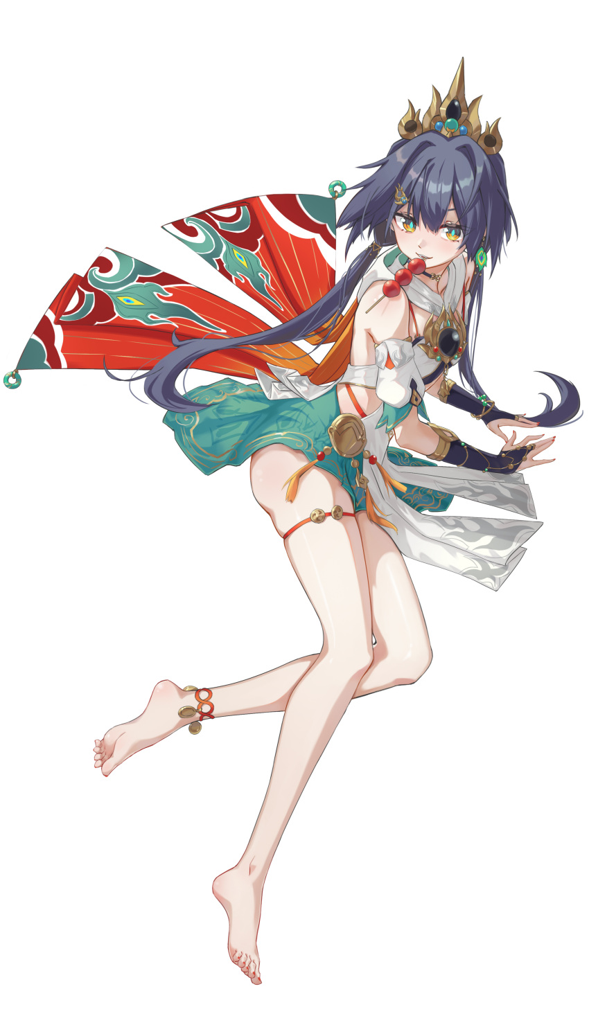 absurdres barefoot blue_hair breasts brown_eyes chinese_clothes dango earrings eyebrows_hidden_by_hair female food food_in_mouth full_body hair_between_eyes hair_ornament highres honkai:_star_rail honkai_(series) jewelry long_hair looking_to_the_side nail_polish open_mouth rem_(bai_yu) simple_background single_earring small_breasts soles solo teeth toenail_polish toenails toes wagashi white_background yunli_(honkai:_star_rail)