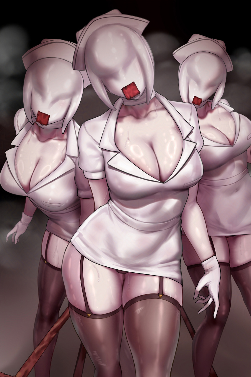 3girls absurdres breasts bubble_head_nurse cleavage faceless faceless_female garter_straps gloves hat head_tilt highres holding holding_lead_pipe kumiko_shiba large_breasts lead_pipe monster_girl multiple_girls nurse nurse_cap pale_skin panties panty_peek shiny_skin silent_hill_(series) silent_hill_2 thighhighs underwear white_gloves