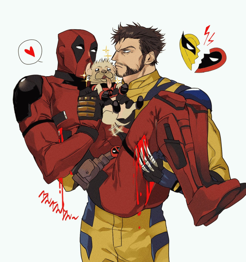 2boys animal animal_ears animal_nose belt black_bodysuit black_eyes black_gloves blood blue_bodysuit bodysuit broken_heart brown_belt brown_hair canine carrying claw_(weapon) closed_mouth covered_collarbone deadpool deadpool_&_wolverine deadpool_(series) dog_ears dog_tail dogpool facial_hair gloves gugusam0 heart highres lightning_bolt_symbol looking_at_another marvel marvel_cinematic_universe multiple_boys pet pocket princess_carry red_bodysuit short_hair simple_background sparkle speech_bubble spoken_heart standing superhero_costume tail two-tone_bodysuit weapon white_background wolverine_(x-men) yaoi yellow_bodysuit