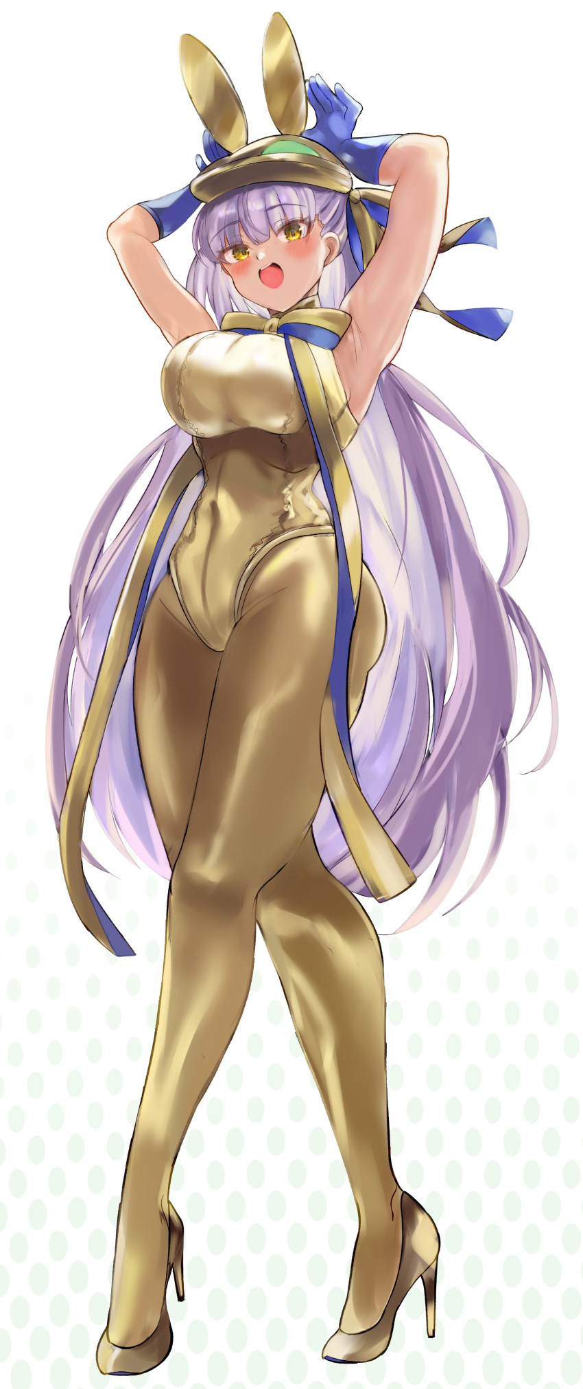 absurdres animal_ears animal_hat armpits arms_up bare_shoulders bb_(fate) blue_gloves blush breasts elbow_gloves fate/grand_order fate_(series) female full_body gloves gold_leotard gold_ribbon golden_bb_(fate) hair_ribbon hat highleg highleg_leotard highres klash large_breasts leotard long_hair looking_at_viewer neck_ribbon open_mouth pantyhose purple_hair rabbit_ears rabbit_hat ribbon smile solo very_long_hair yellow_eyes yellow_pantyhose