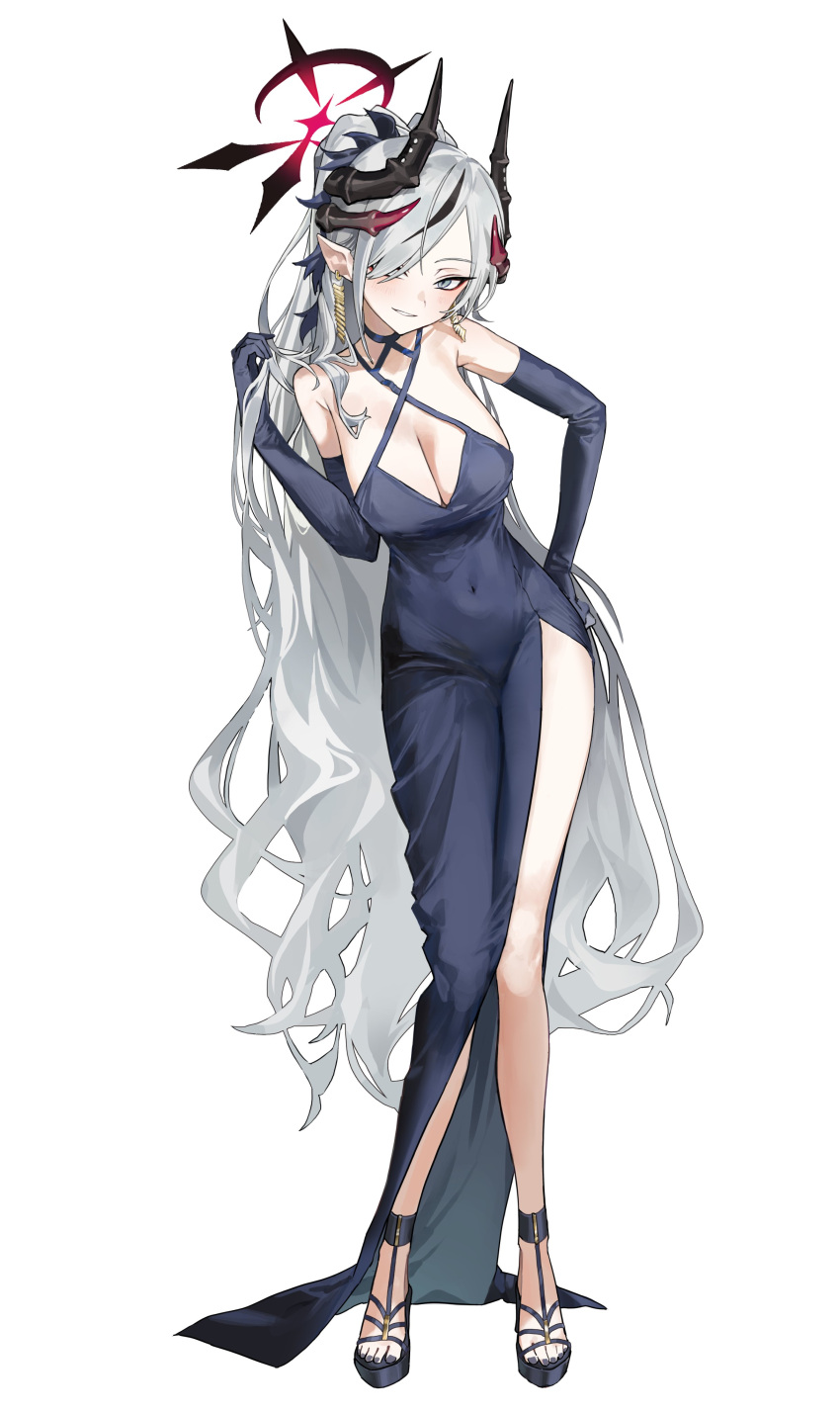 absurdres black_dress black_gloves black_horns blue_archive breasts cleavage criss-cross_halter demon_horns dress earrings elbow_gloves female gloves gradient_halo gradient_horns grey_hair halo halter_dress halterneck highres horns jewelry large_breasts long_hair makoto_(blue_archive) makoto_(dress)_(blue_archive) multicolored_halo multicolored_horns multiple_horns official_alternate_costume pointy_ears seeshin_see solo teabag very_long_hair