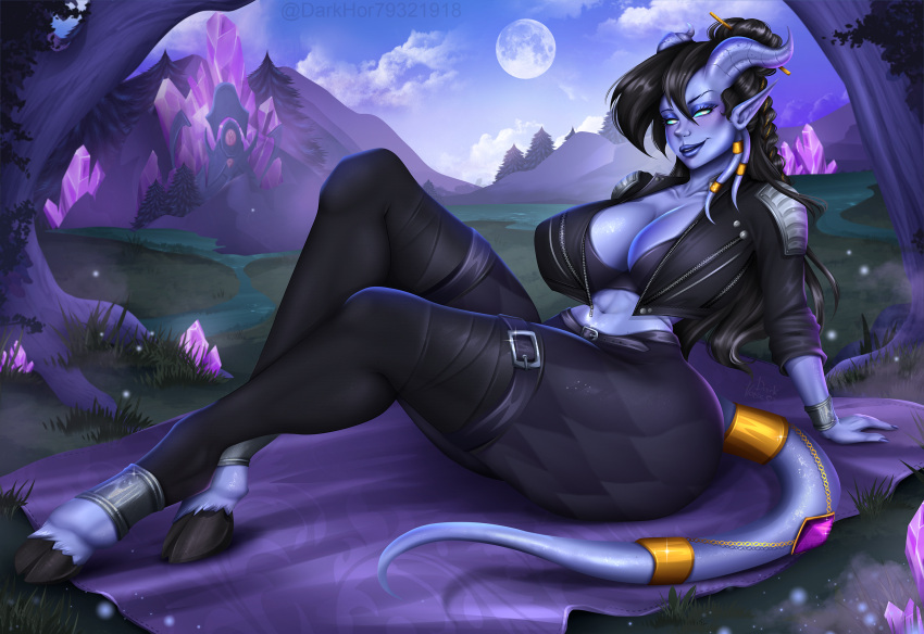 anthro ashimaroo black_clothing black_hair blizzard_entertainment blue_body blue_eyes blue_eyeshadow blush breasts chopsticks_in_hair cleavage clothed clothing cloven_hooves crystal draenei eyeshadow female full_moon grass hair hi_res hooves horn jacket legwear long_hair makeup moon nautica plant solo stockings thick_thighs topwear warcraft