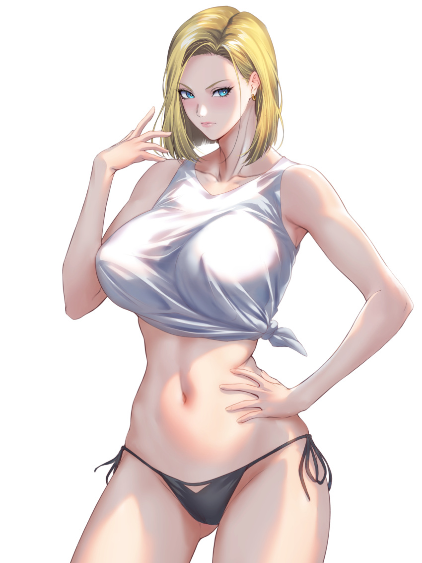 android_18 bare_shoulders black_panties blonde_hair blue_eyes blush breasts collarbone dragon_ball dragon_ball_z earrings female highres jewelry large_breasts looking_at_viewer navel panties parted_bangs shirt short_hair sleeveless sleeveless_shirt solo thighs tied_shirt underwear white_shirt zucchini