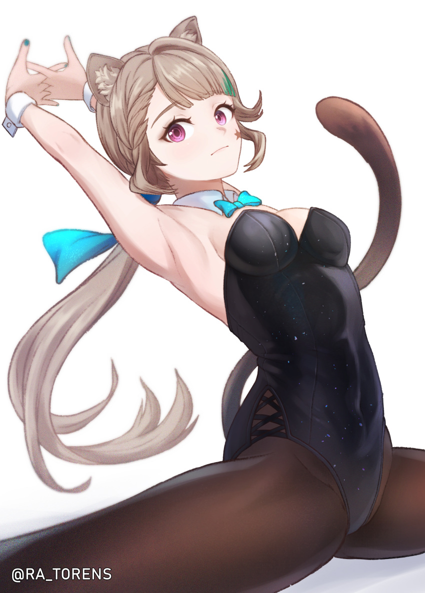 absurdres animal_ear_fluff animal_ears aqua_bow aqua_bowtie armpits arms_up bare_arms bare_shoulders black_leotard bow bowtie breasts brown_pantyhose cat_ears cat_tail commentary facial_mark female genshin_impact grey_hair highres leotard looking_at_another low_ponytail lynette_(genshin_impact) pantyhose purple_eyes ra_torens simple_background sitting small_breasts solo star_(symbol) strapless strapless_leotard tail white_background