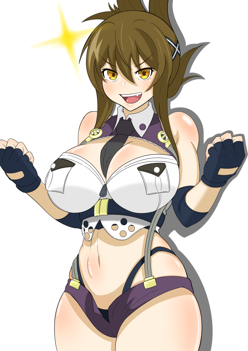 absurdres bare_shoulders between_breasts black_gloves black_necktie black_panties breast_pocket breasts brown_eyes brown_hair cleavage_cutout clothing_cutout cowboy_shot crop_top elbow_pads female fingerless_gloves folded_ponytail gloves hair_between_eyes hair_ornament highres kisaragi_chitose large_breasts long_hair looking_at_viewer micro_shorts midriff navel necktie necktie_between_breasts oerba_yun_fang open_clothes open_mouth open_shorts panties pocket purple_shorts shadow shiny_skin shorts sidelocks simple_background solo sparkle square-w standing super_robot_wars super_robot_wars_v suspenders teeth underwear upper_teeth_only white_background wing_collar x_hair_ornament