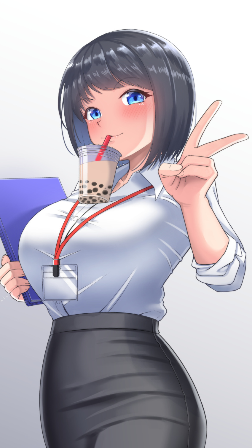 black_hair black_skirt blue_eyes blush bob_cut breasts bubble_tea bubble_tea_challenge buttons collared_shirt commentary_request cowboy_shot cup disposable_cup dress_shirt drinking drinking_straw drinking_straw_in_mouth female fingernails gradient_background grey_background hand_up high-waist_skirt highres holding_binder id_card lanyard large_breasts looking_at_viewer looking_to_the_side object_on_breast office_lady original pencil_skirt shirt shirt_tucked_in shittori_bouzu skirt sleeves_rolled_up solo tented_shirt v white_background white_shirt yuiko_(shittori_bouzu)