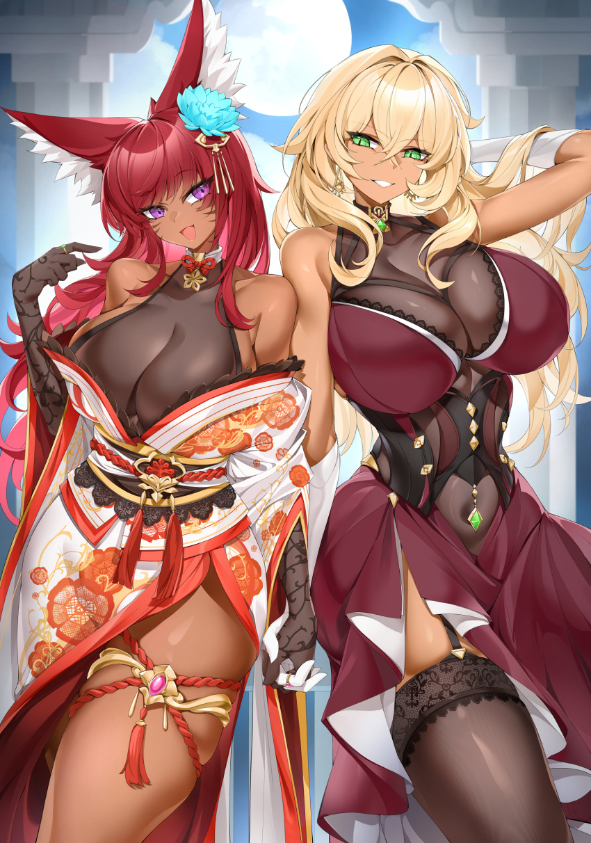 2girls absurdres animal_ears bare_shoulders black_gloves black_thighhighs blonde_hair breasts casul cleavage commission dark-skinned_female dark_skin dress earrings facial_mark flower fox_ears garter_straps gloves green_eyes hair_between_eyes hair_flower hair_ornament halterneck highres holding_hands huge_breasts japanese_clothes jewelry kimono large_breasts long_hair multiple_girls obi open_mouth original pantyhose purple_eyes red_dress red_hair sash see-through_cleavage see-through_clothes skindentation slit_pupils thighhighs whisker_markings white_gloves