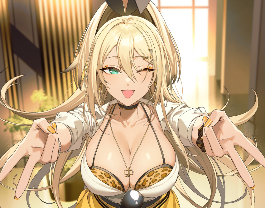 animal_print black_choker blonde_hair blurry blurry_background blush bra bracelet breasts brown_bra choker cleavage closed_mouth commentary double_v eyewear_hang female fingernails goddess_of_victory:_nikke green_eyes gyaru highres indoors jewelry large_breasts leopard_print long_hair looking_at_viewer nail_polish one_eye_closed outstretched_arms pearl_bracelet ponytail print_bra rupee_(nikke) shirt smile solo underwear unworn_eyewear v white_shirt yakool yellow_nails