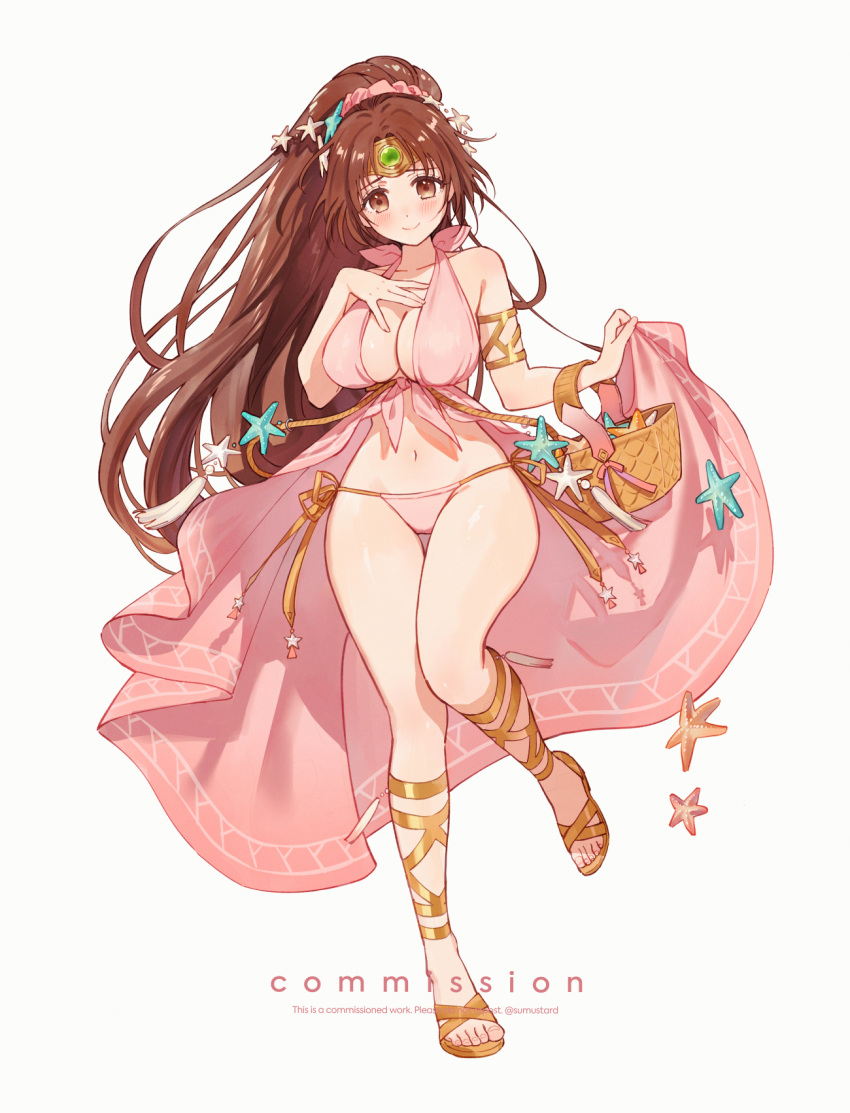 armlet babydoll bare_shoulders basket bikini bikini_bottom_only breasts brown_eyes brown_hair circlet cleavage closed_mouth commission female fire_emblem fire_emblem:_mystery_of_the_emblem fire_emblem_heroes full_body hand_on_own_chest highres jewelry large_breasts linde_(fire_emblem) linde_(summer_rays)_(fire_emblem) long_hair looking_at_viewer navel official_alternate_costume orange_footwear orange_ribbon pink_bikini ponytail ribbon sandals side-tie_bikini_bottom smile solo standing standing_on_one_leg starfish_hair_ornament sumustard swimsuit thigh_gap very_long_hair